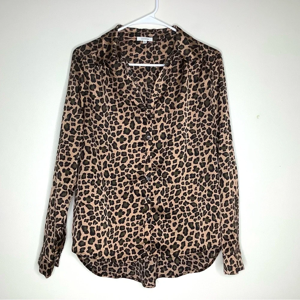 < Pleione Leopard Print Satin Button Down Shirt > - Picture 1 of 6